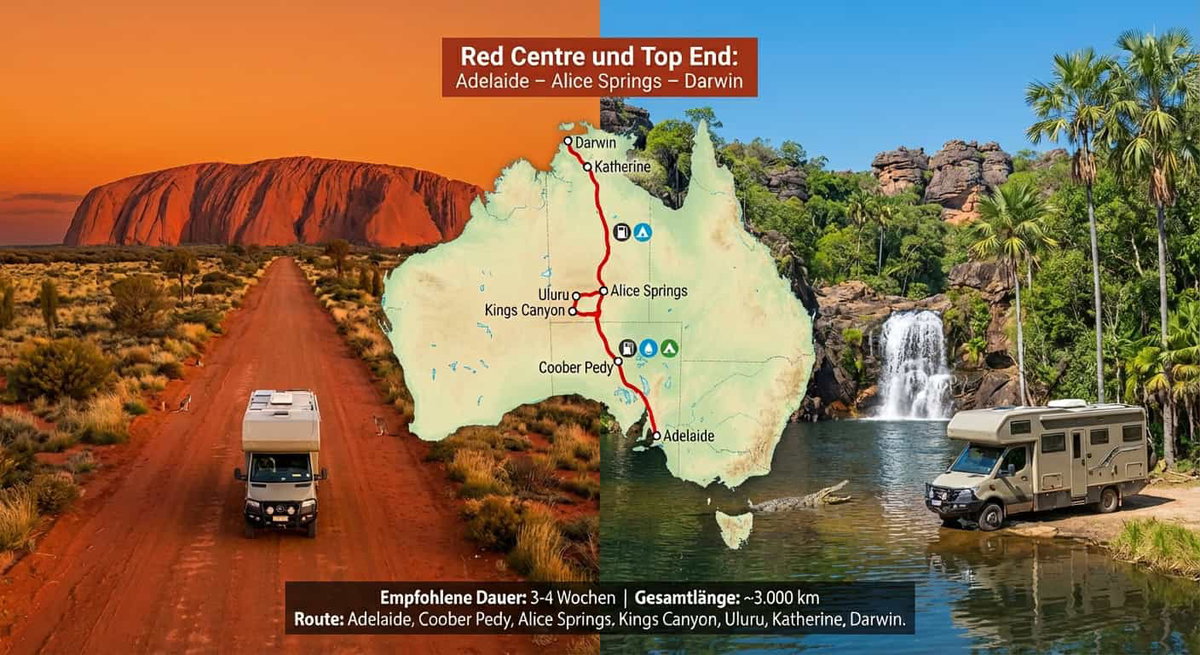 Kamper na australijskim odludziu z mapą i wodospadem w tle, klimatyzowany i elastyczny na drodze.