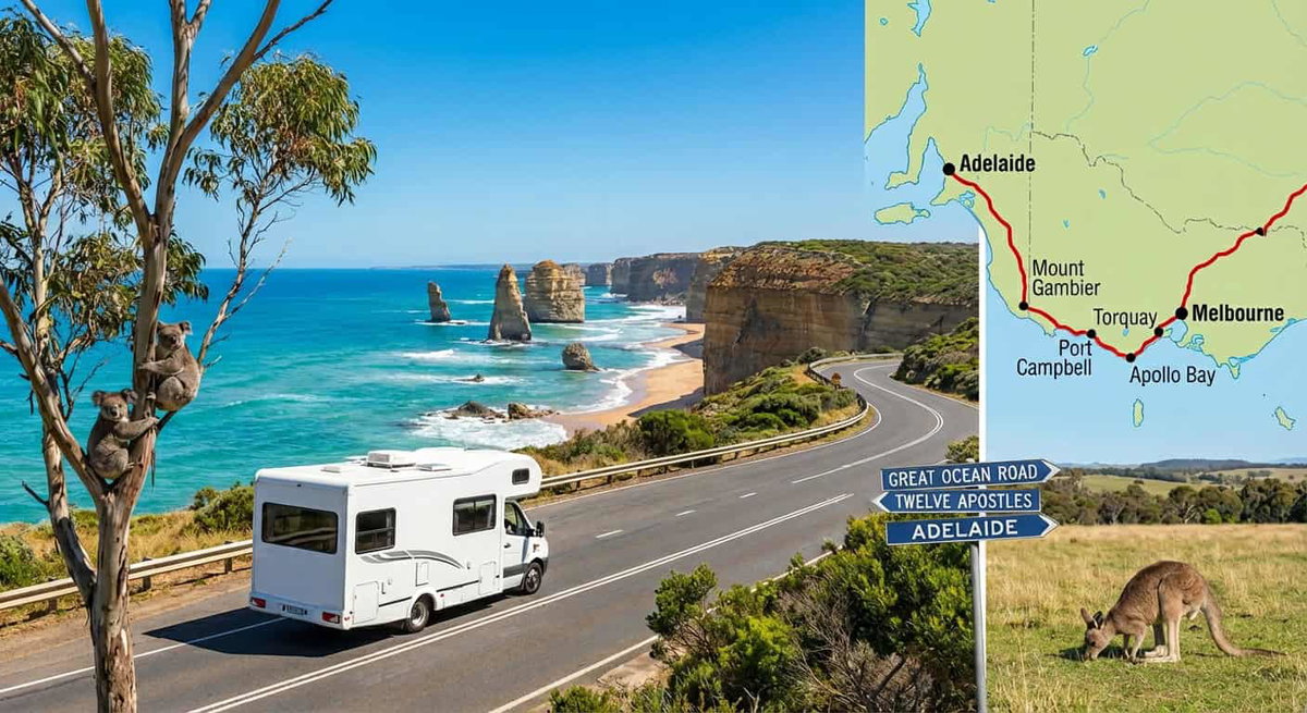 Kamper na australijskiej nadmorskiej drodze z kangurami, skałami i morzem w tle.